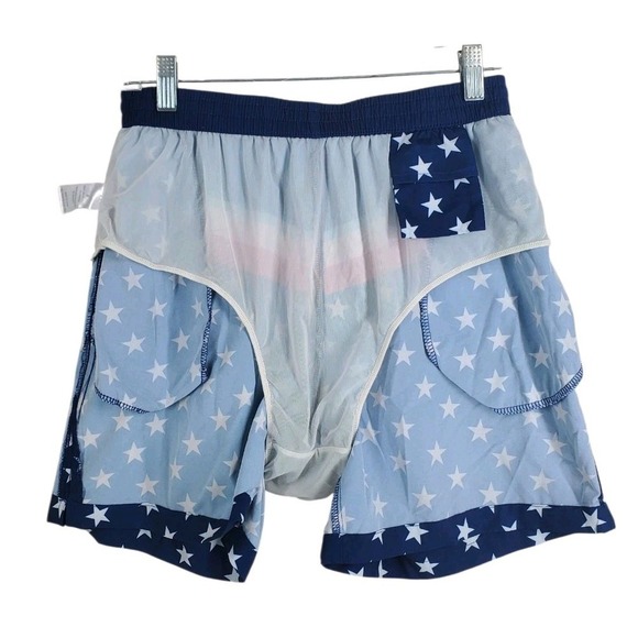 Burlebo Swim Trunks Shorts Mens M 28-32 x5.5 Blue Red White USA Flag Mesh Lined - Picture 6 of 9